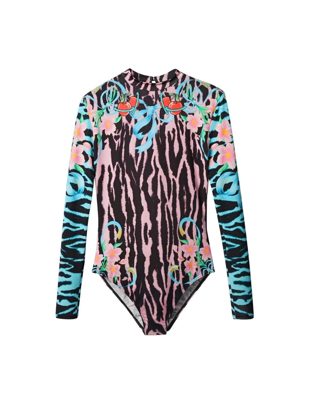 DESIGUAL Long-Sleeve Floral Zebra One-Piece Swimsuit - Pink/Blue